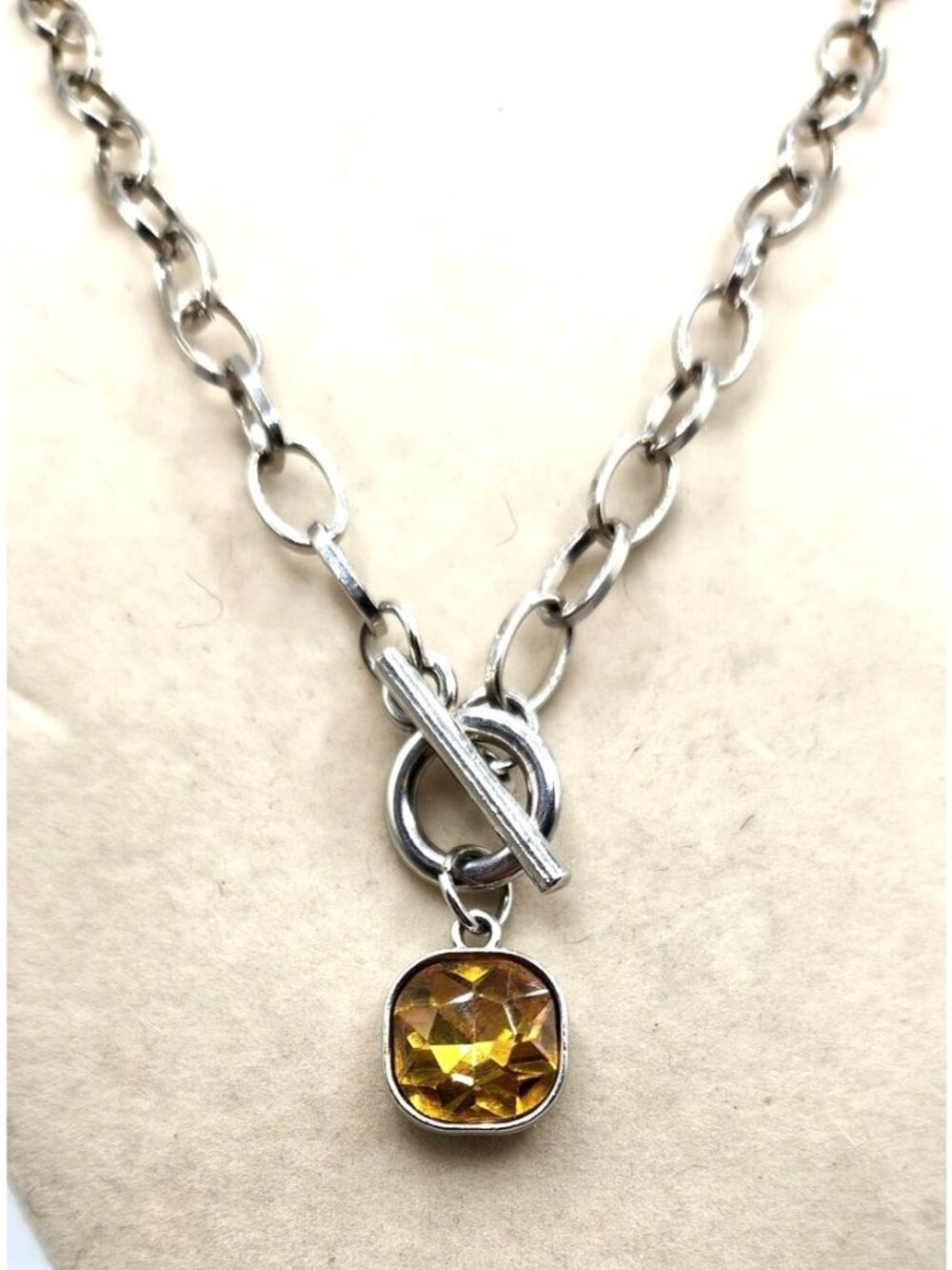 SilverTone Link Toggle Necklace With Yellow Crystal Pendant